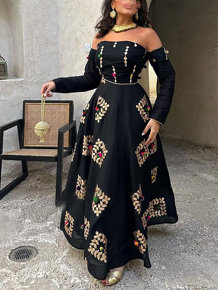 Folk Pattern Tube Top High Waist Elegant Dress