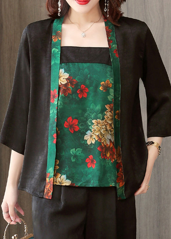 VCSHOES Loose Black Print Silk Cardigan Long Sleeve