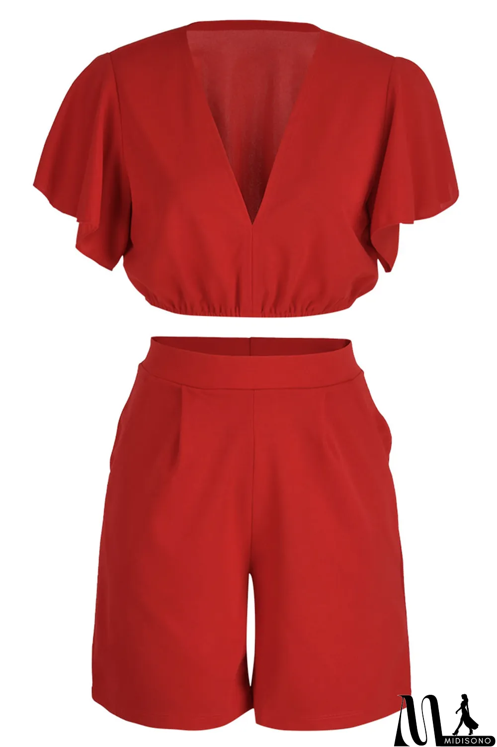 MidiSono - Yellow Casual Solid Patchwork Flounce V Neck Short Sleeve Two Pieces