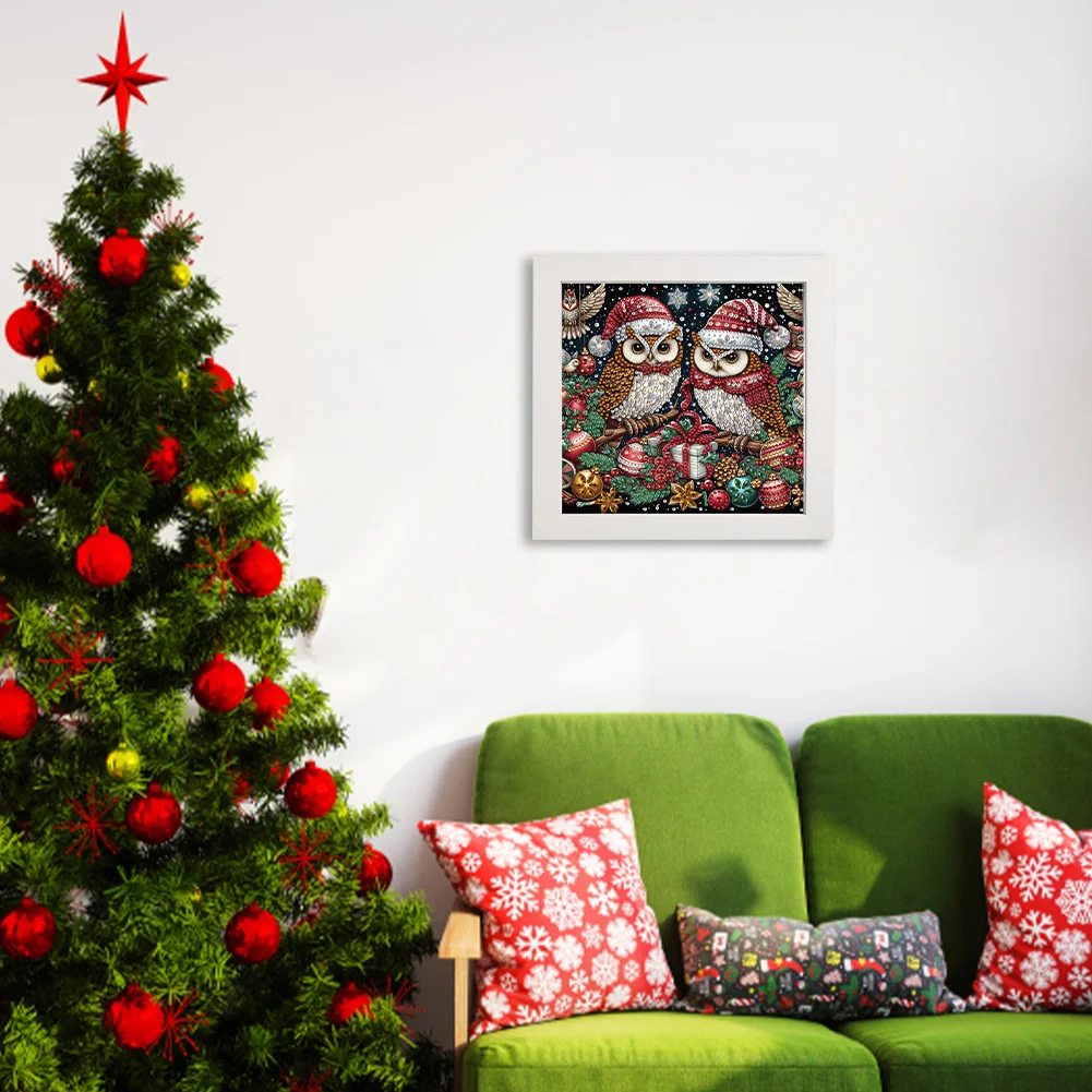 5D DIY Partial Special Shaped Drill Diamond Painting Xmas Owl Home Kit 19.2x19.2cm【With Frame】