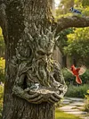 Bird Feeding Sculpture with Hidden Hang Hole Ancient Tree Bird Feeder Resin Birds Feeding Station Ornament for Patio/Backyard/Balcony