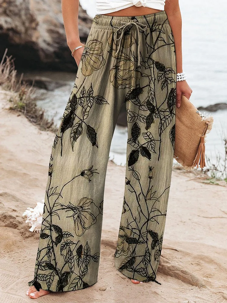 Women's Vintage Floral Art Printed Cotton And Linen Casual Pants