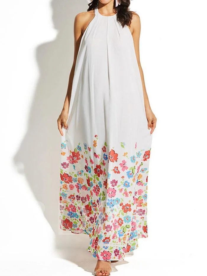 Printed sleeveless halterneck pleated dress