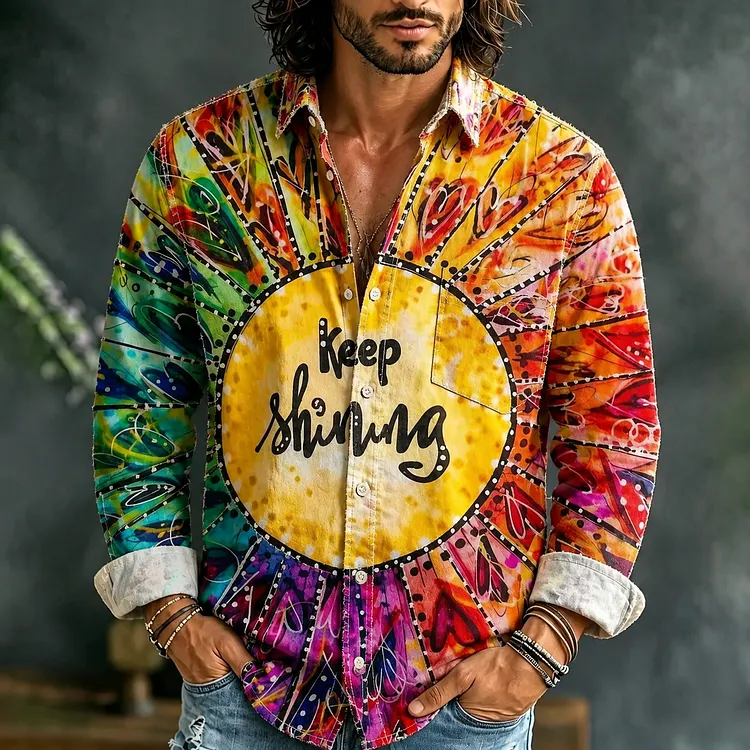 Men's Hippie&ldquo;keep Shining &rdquo;tie Dye Print Casual Blend Shirt