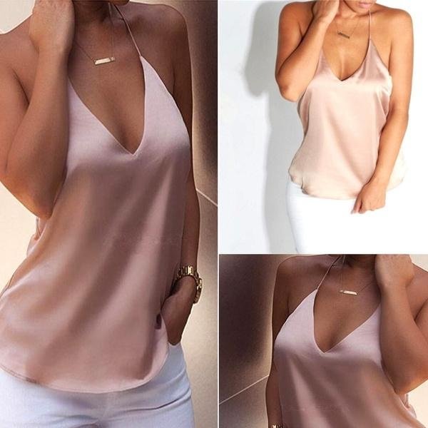 Summer Women Casual Faux Silk Backless Tank Top Spaghetti Straps V Neck Crop Tops Caged Halter Solid Camisole Vest Hot - Shop Trendy Women's Clothing | LoverChic