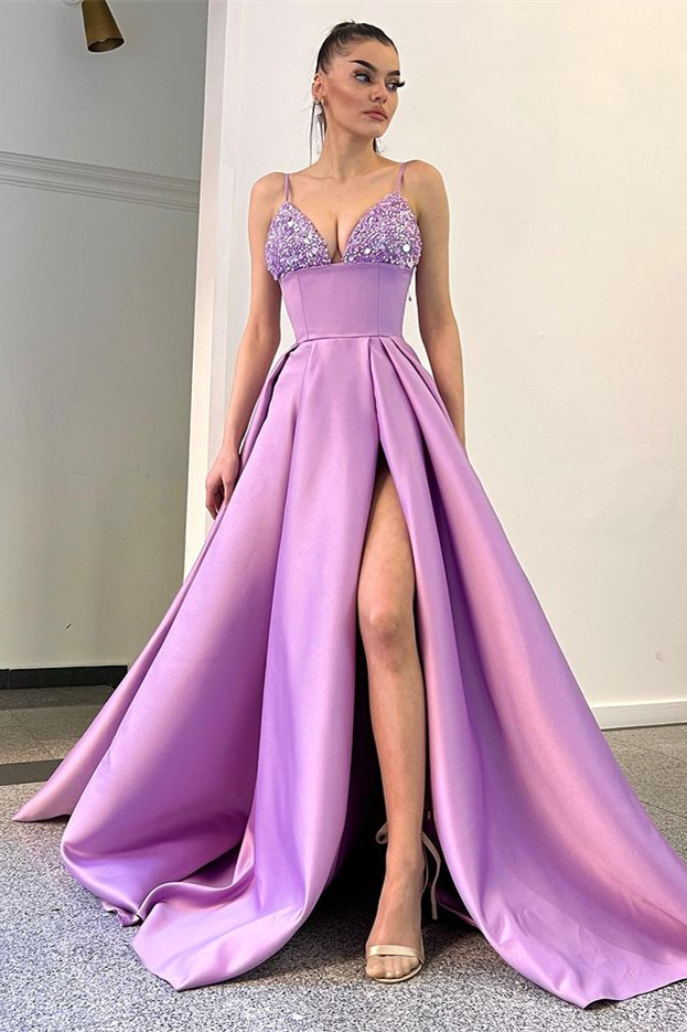 Chic Lilac Spaghetti-Straps V-Neck Evening Dress Sleeveless With Sequins Split - lulusllly