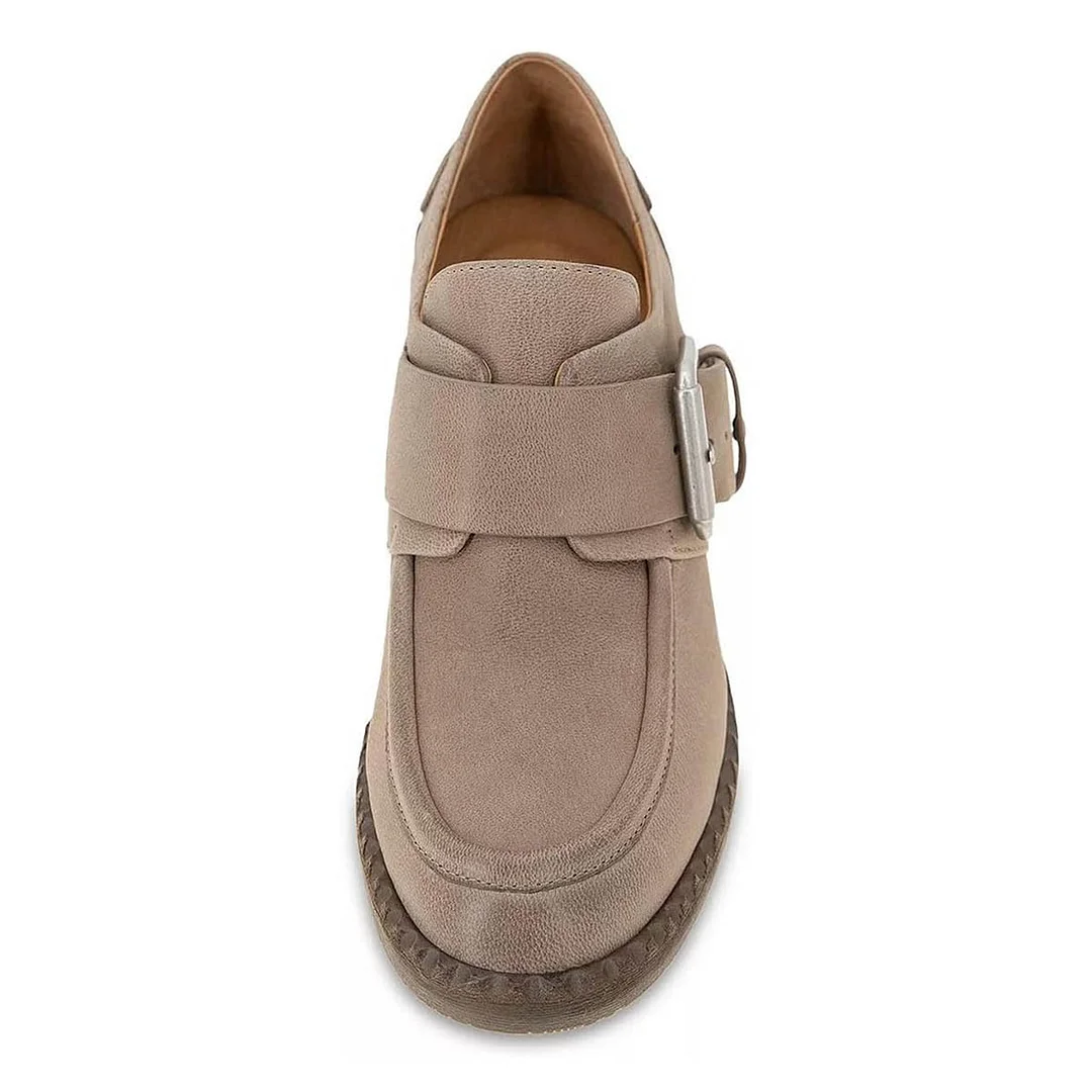 Taupe Buckle Strap Round Toe Loafer Shoes Women with Block Heel