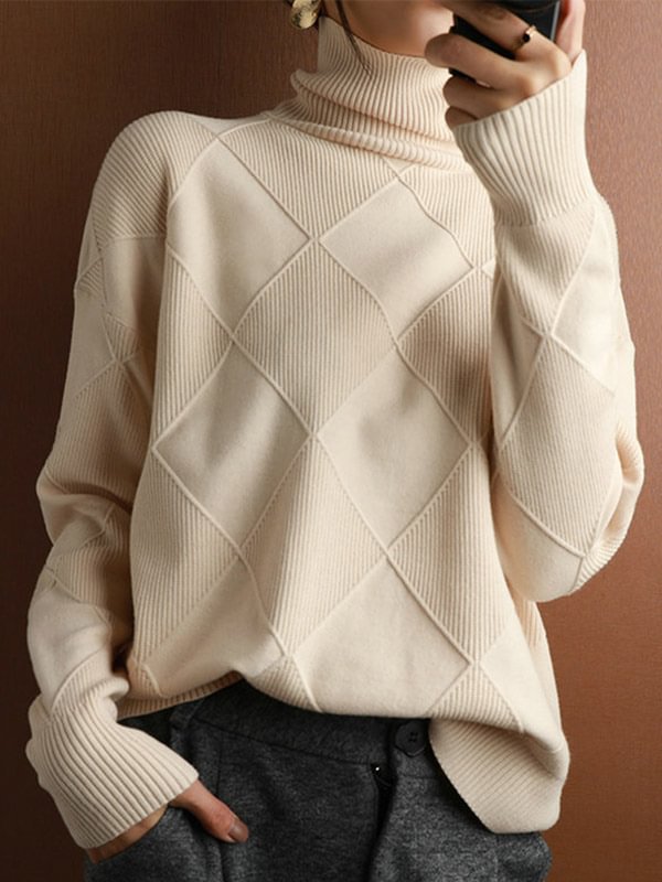 Casual Loose Solid Color Striped High-Neck Long Sleeves Sweater Tops
