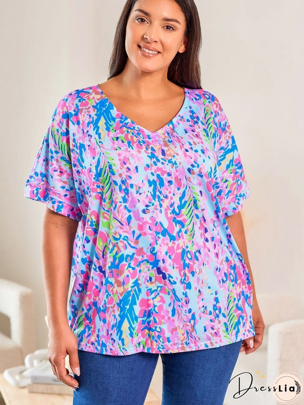 Sky Blue Floral Print Ruffle Sleeve Plus Size V Neck Top