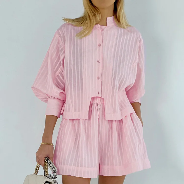 Jacquard Striped Bubble Sleeves Button-up Shirt Two Pieces