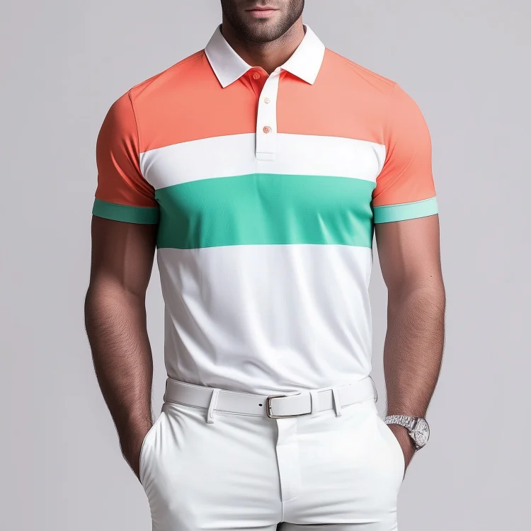 Okaywear Colorblocks Half Button Short Sleeve Polo Shirt 