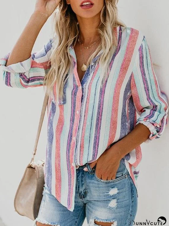 Blouses Multicolor Striped Pocket Button Blouses for Women