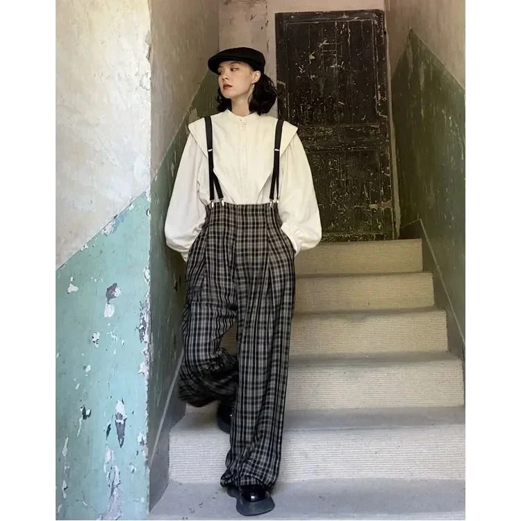 Women Sets Plaid Mopping Jumpsuits Long Sleeve Stand Collar White Shirts Retro Females 2 Pecs Vintage Streetwear Spring Harajuku