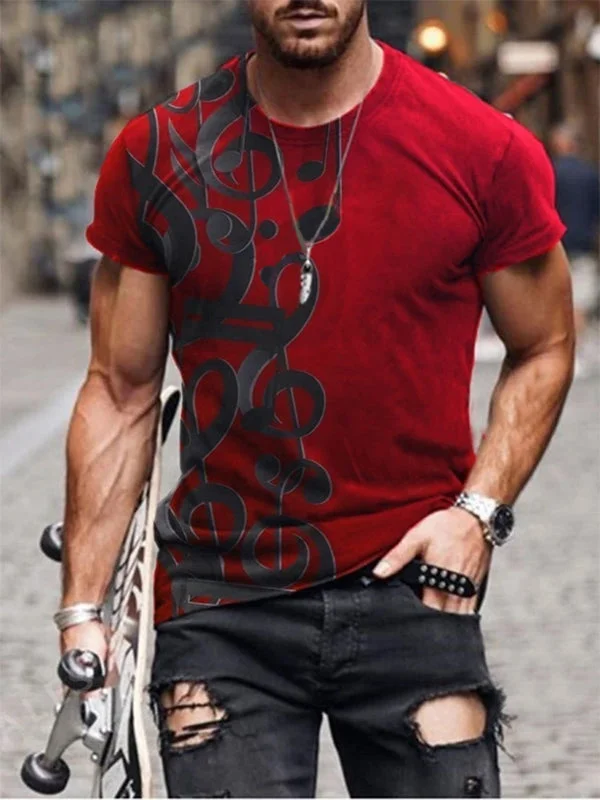 Red Note Printed Round Neck Loose T-shirt