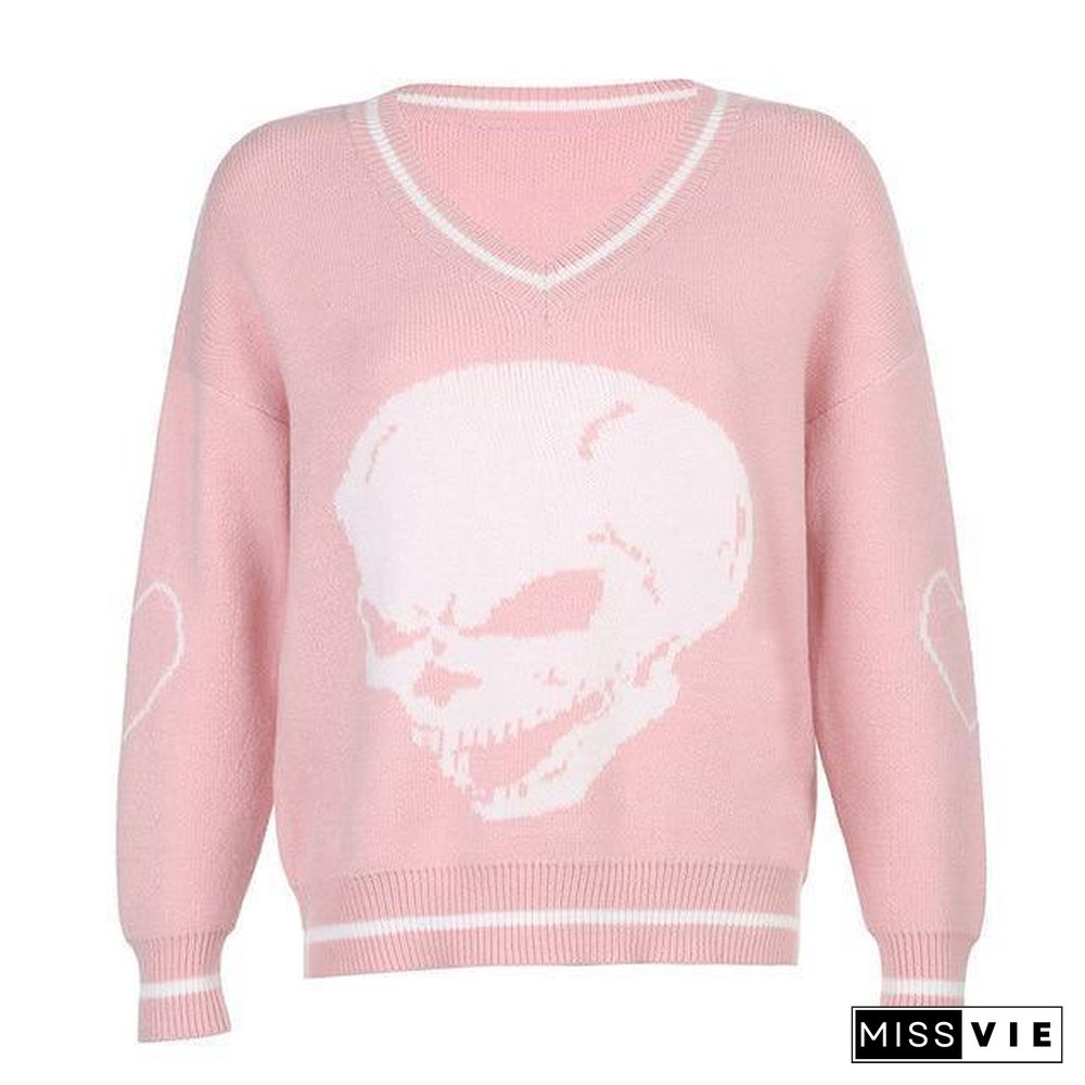 Rapcopter Y2K Sweaters Skulls Pullovers V Neck Knitwear Loose Casual Knitted Tops Women Streetwear Retro Tops Blue Autumn