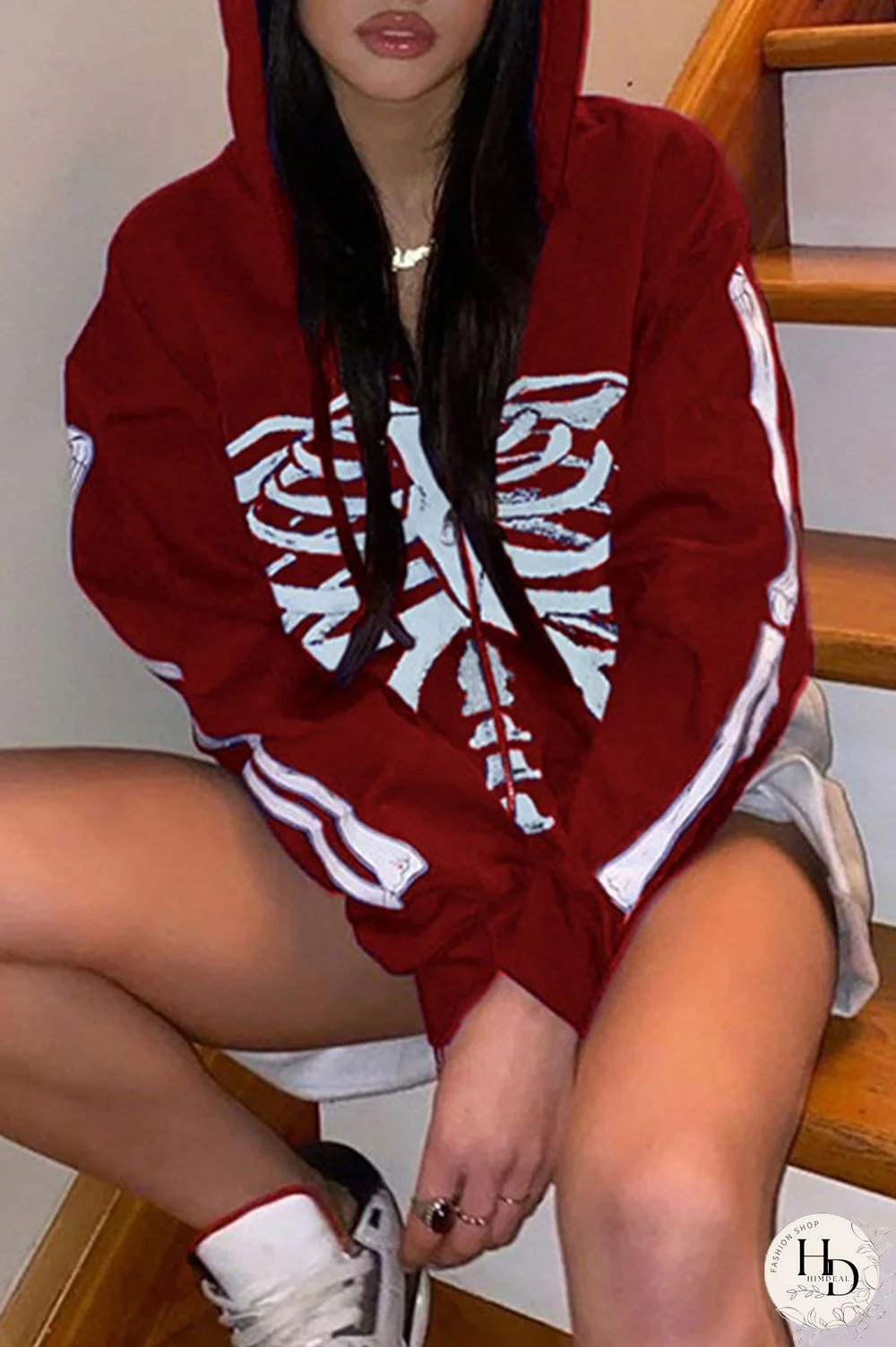 Red Street Print Split Joint Zipper Hooded Collar Outerwear