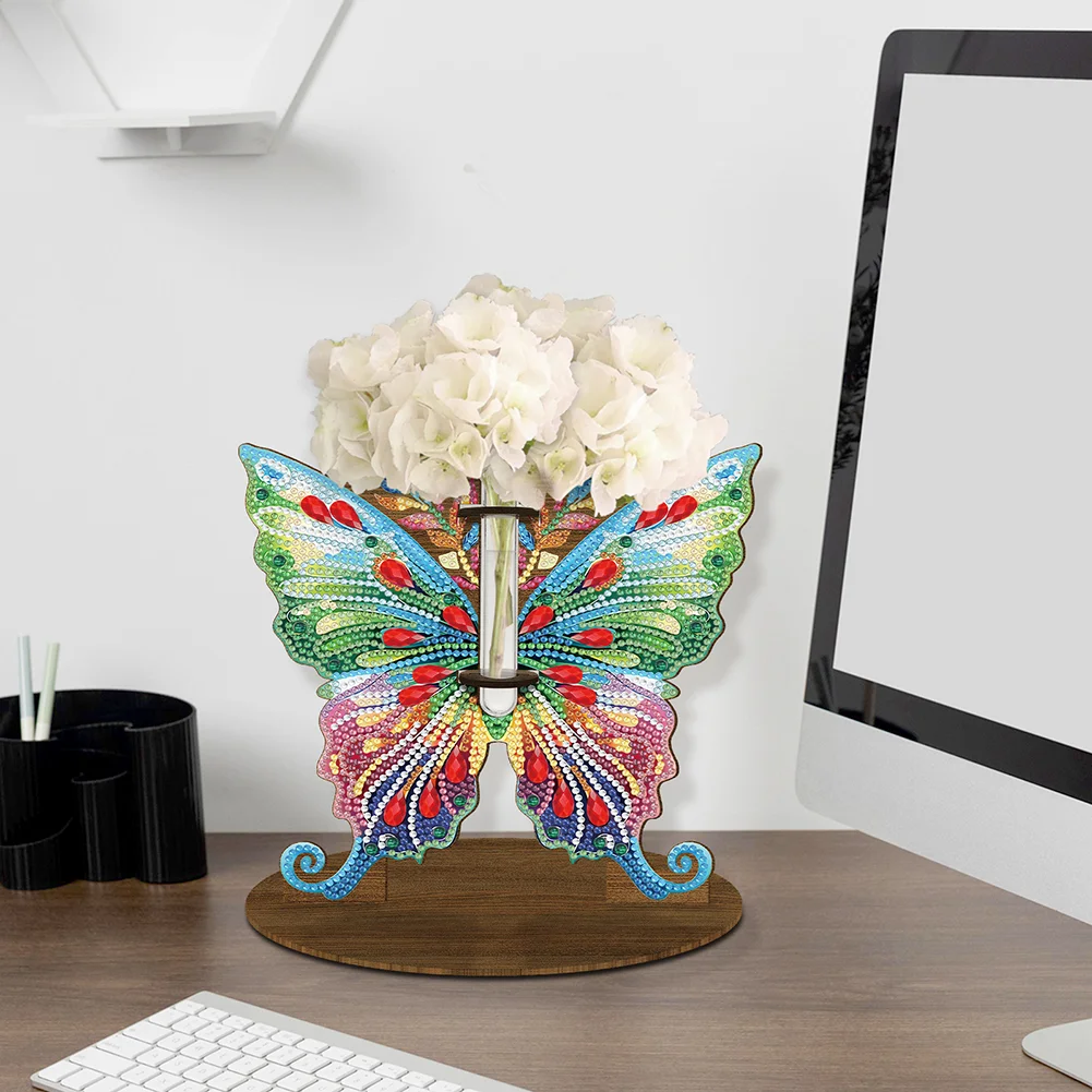 DIY Wooden Butterfly Diamond Painting Flower Vase Ornaments for Home Office Decor