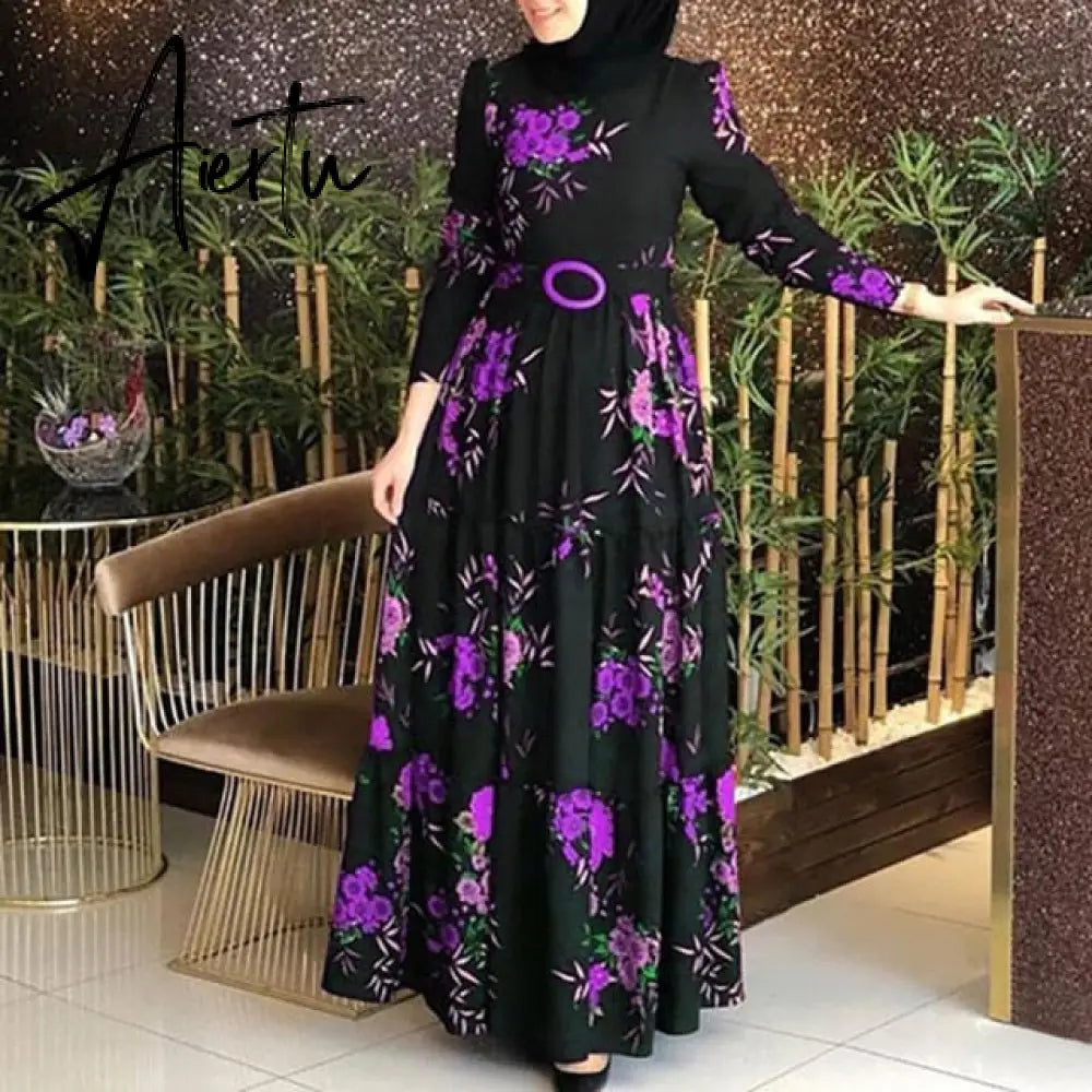 Muslim Dress Woman hijab Shirt Dress Long Sleeve Maxi Vestidos Female Button Robe femme musulman High Wasit Solid Sundress Aiertu