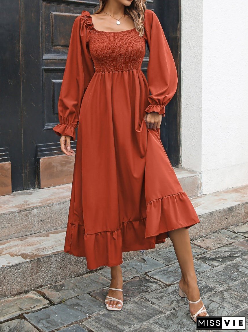 Casual Square Neck Long Sleeve Ruffle Dress