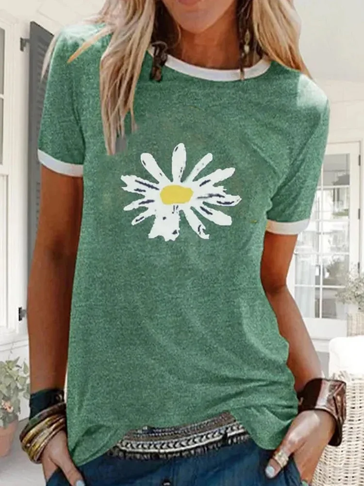 Vintage floral printed round neck cotton-blend top