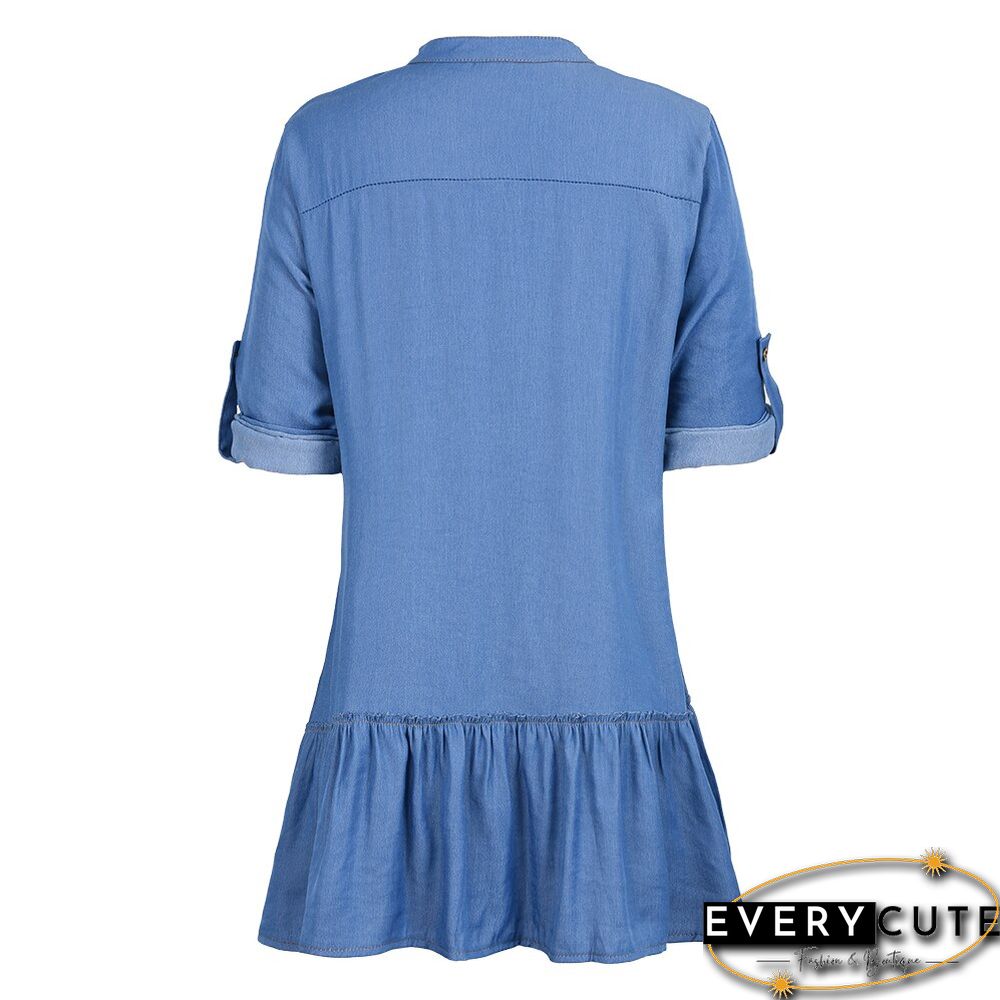 Button Down Casual Tunic Top Women's Above Knee Blouse Dress Women Denim Shirt Dresses Half Sleeve Distressed Jean Dress