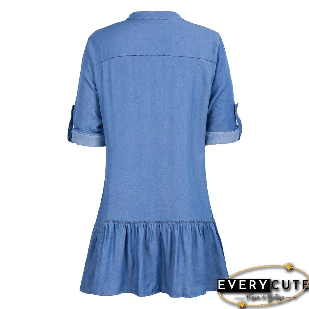 Button Down Casual Tunic Top Women's Above Knee Blouse Dress Women Denim Shirt Dresses Half Sleeve Distressed Jean Dress