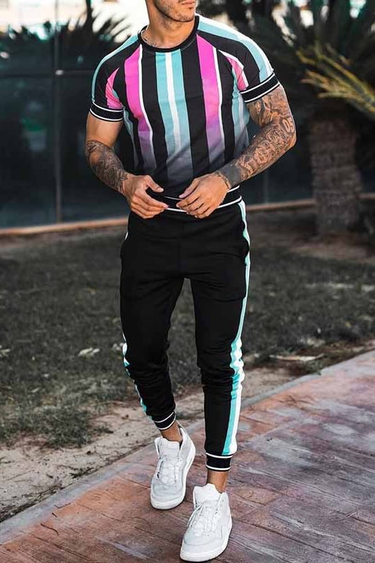 Stripes Contrasting Color Vertical Stripes T-Shirt And Pants