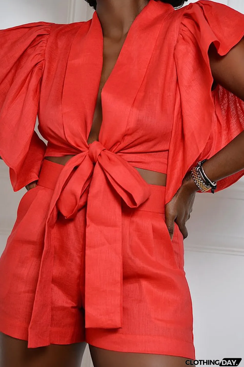 Black Fashion Sexy Casual Solid Bandage Patchwork Backless V Neck Short Sleeve Two Pieces