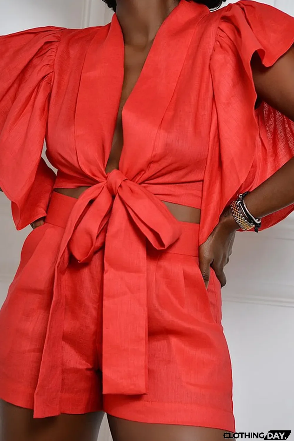 Black Fashion Sexy Casual Solid Bandage Patchwork Backless V Neck Short Sleeve Two Pieces