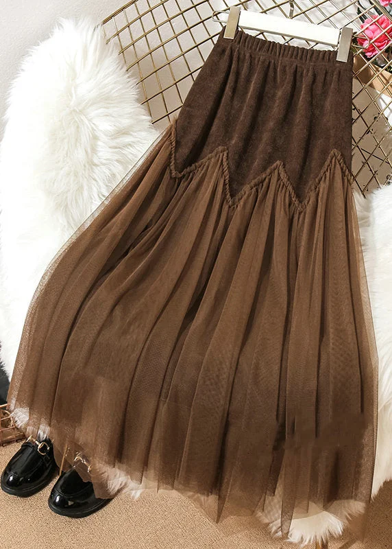 Loose Coffee Ruffled Elastic Waist Patchwork Tulle Skirts Spring