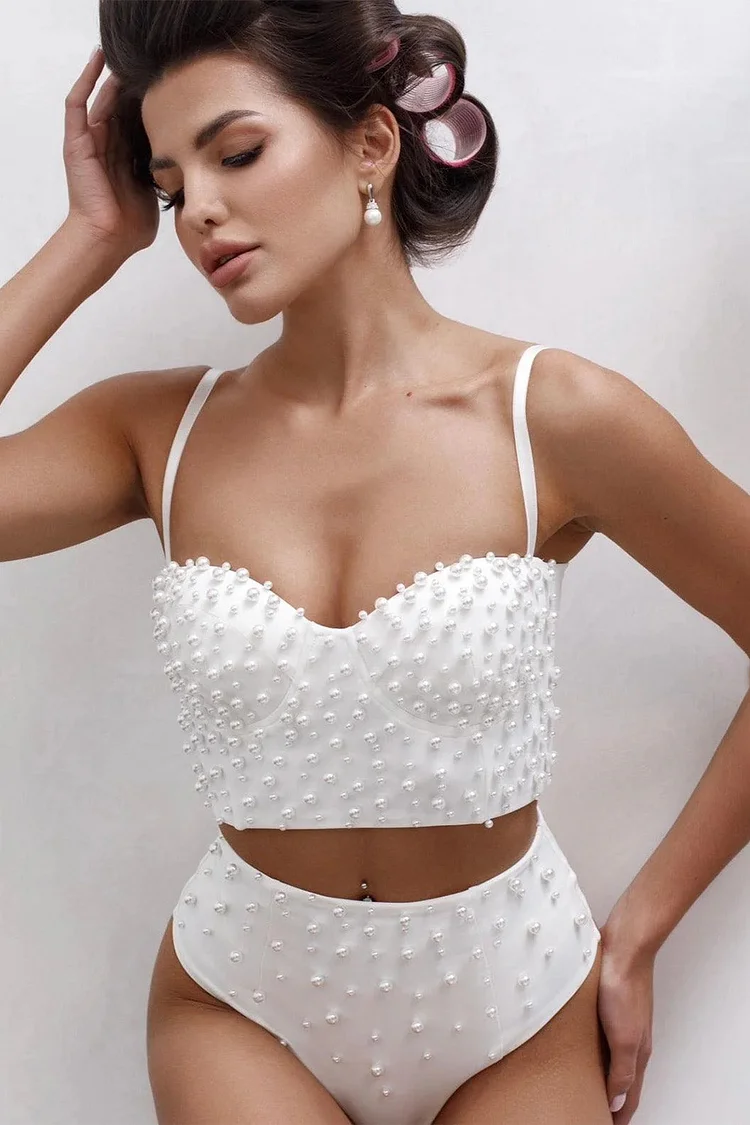 Pearls Embellished Bustier Top Two Piece Set-White [Pre-Order]
