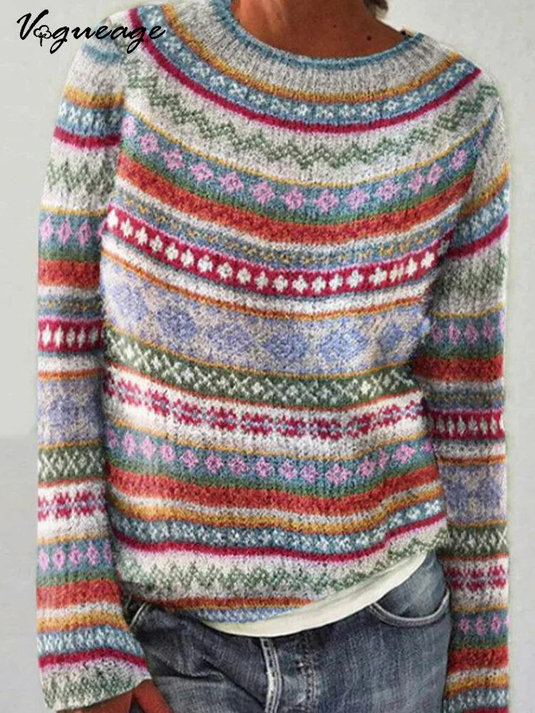 Retro Gentle Pattern Splicing Casual Long Sleeve Knitted Sweater