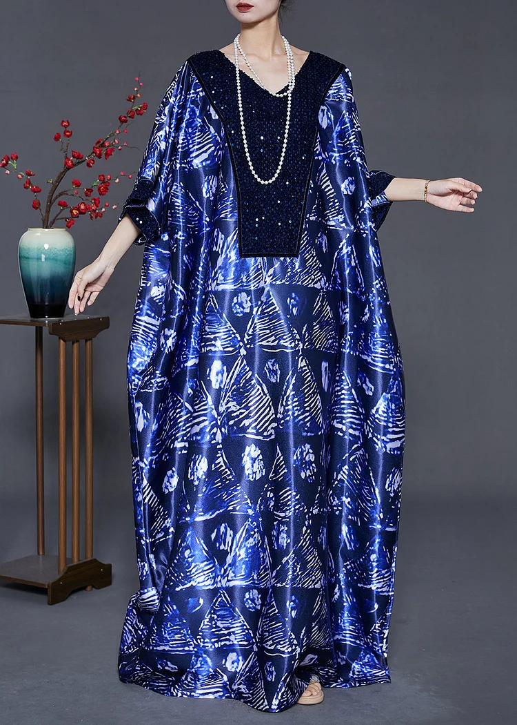 Fashion Navy Sequins Print Silk Long Dress Batwing Sleeve