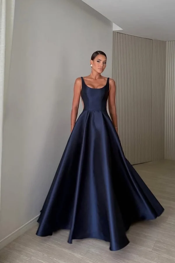 Miabel Elegant Satin Wide Shoulder Straps Backless Sleeveless Prom Dress   