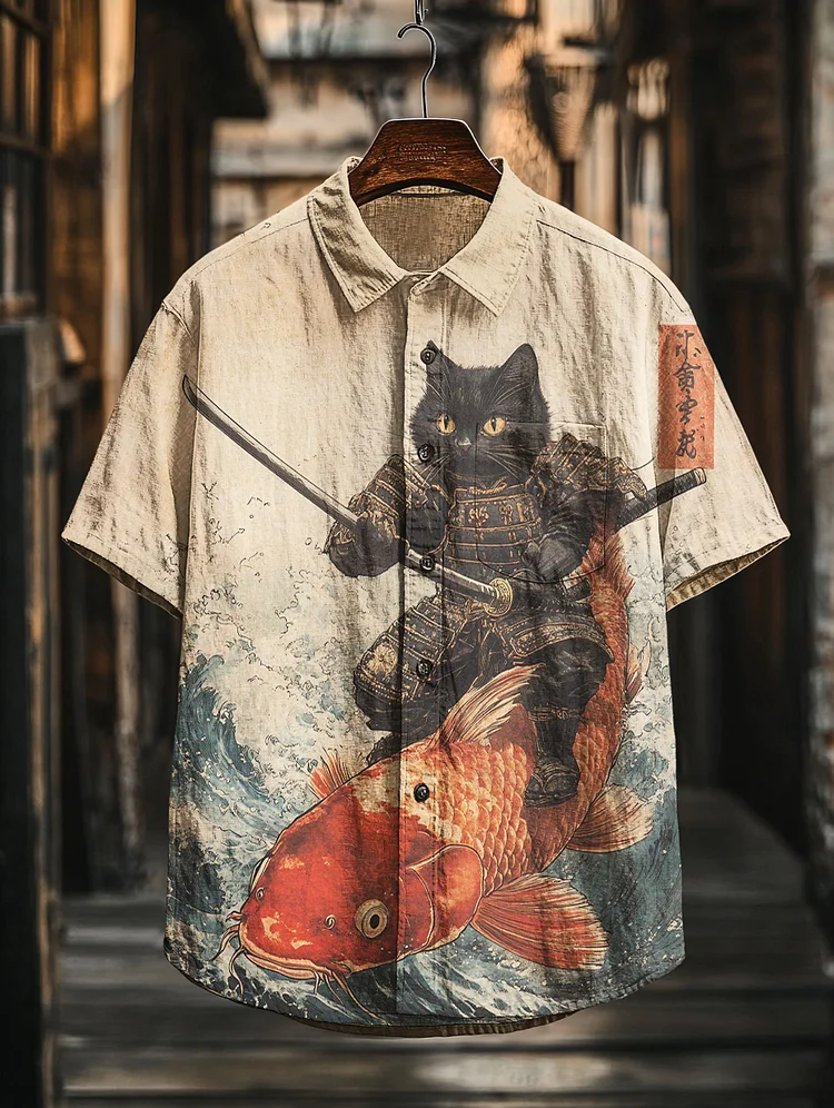 Men's Black Cat Warrior Riding Koi Japanese Art Print Casual Shirt