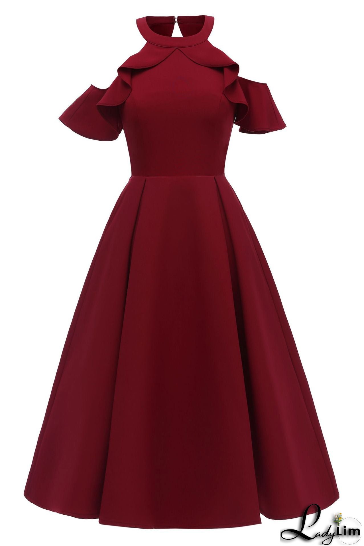 Burgundy Fit And Flare Ruffled Off-the-shoulder Homecoming Dress