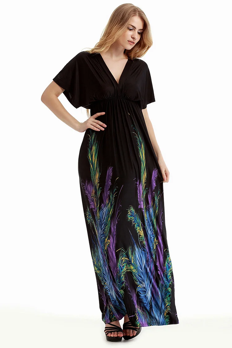 Beach Black Feather Butterfly Print Batwing Sleeve Maxi Dress  Flycurvy [product_label]