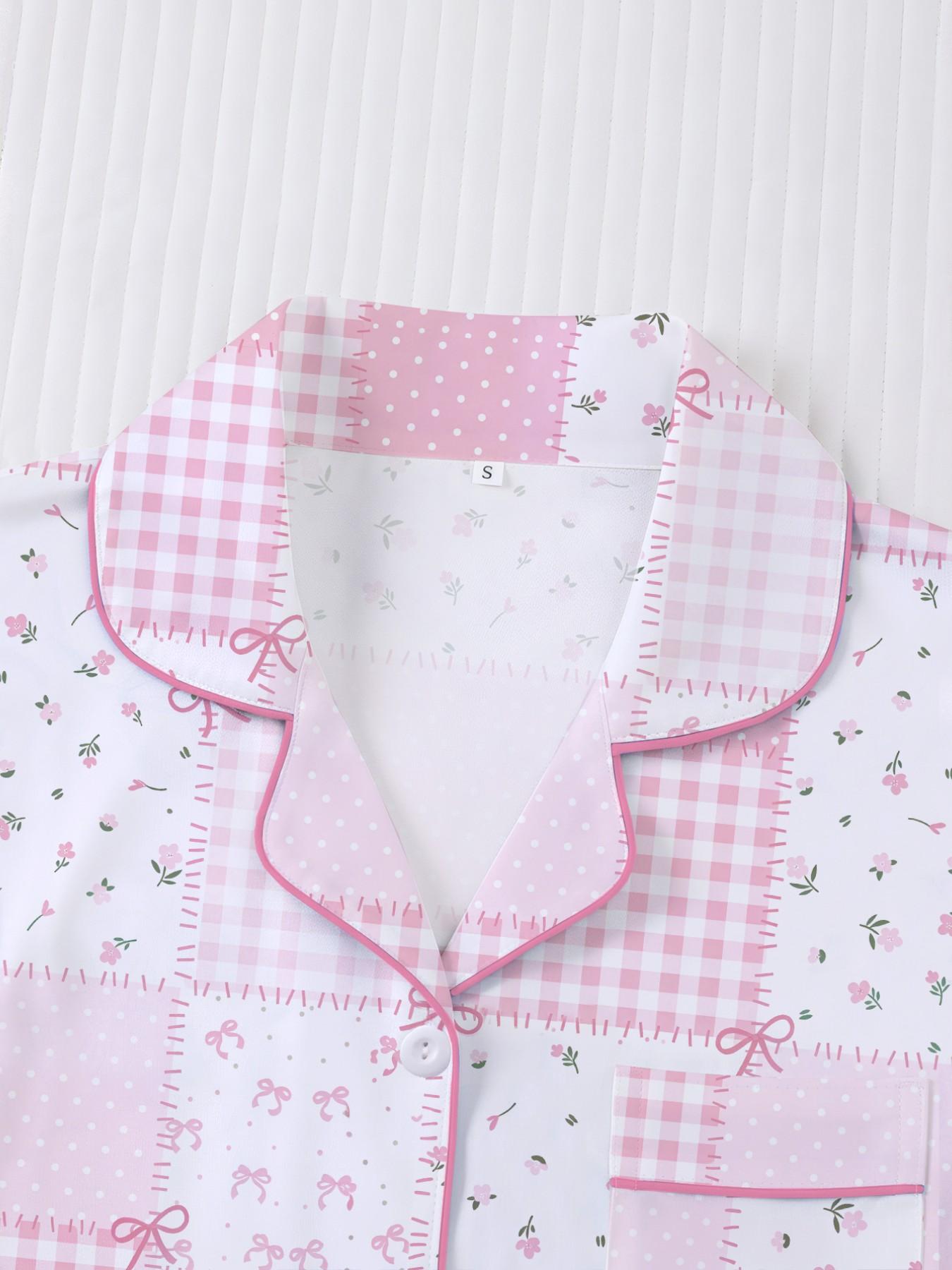 Women's Plaid Floral Bow Print Short Sleeve Shorts Fitted Pajama Set, Casual Everyday Home Wear Loungewear Suit, Comfortable Sleepwear for Women
