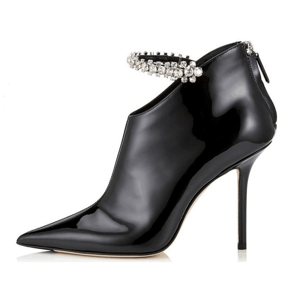 Patent Leather Short Boots Black Pointed Toe Boots With Stiletto Heels Nicepairs