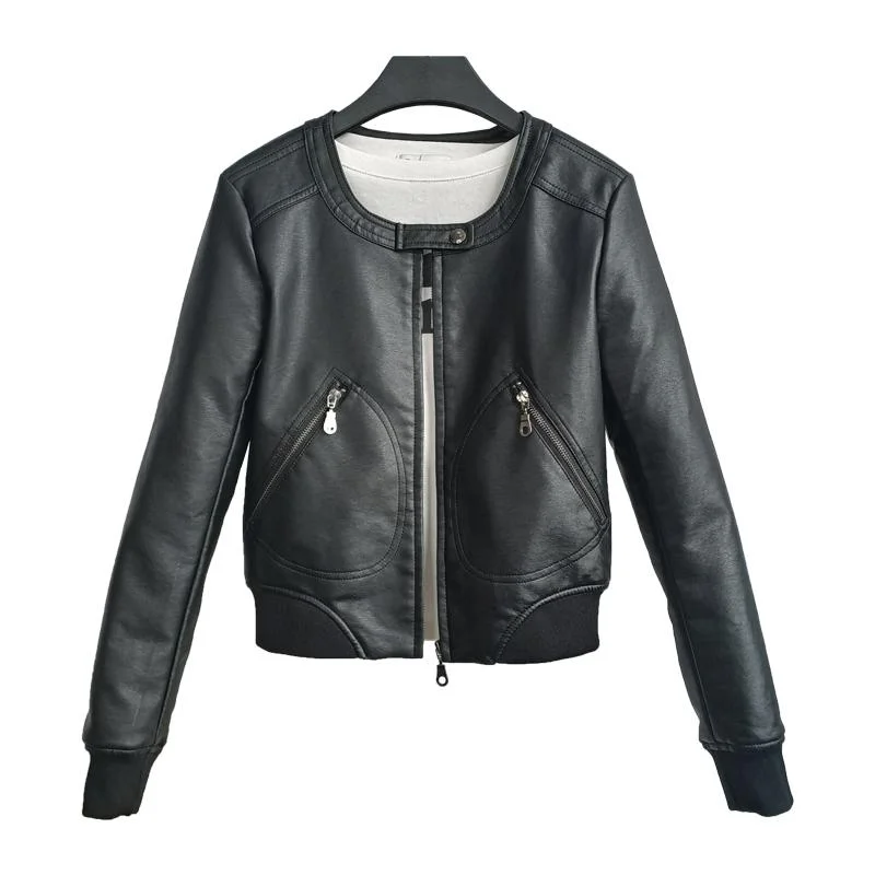 Fitaylor Faux Leather Jacket Women O-neck Casual Biker Jackets Female Motorcycle Coat Plus Size 4XL Soft PU Basic Black Outwear