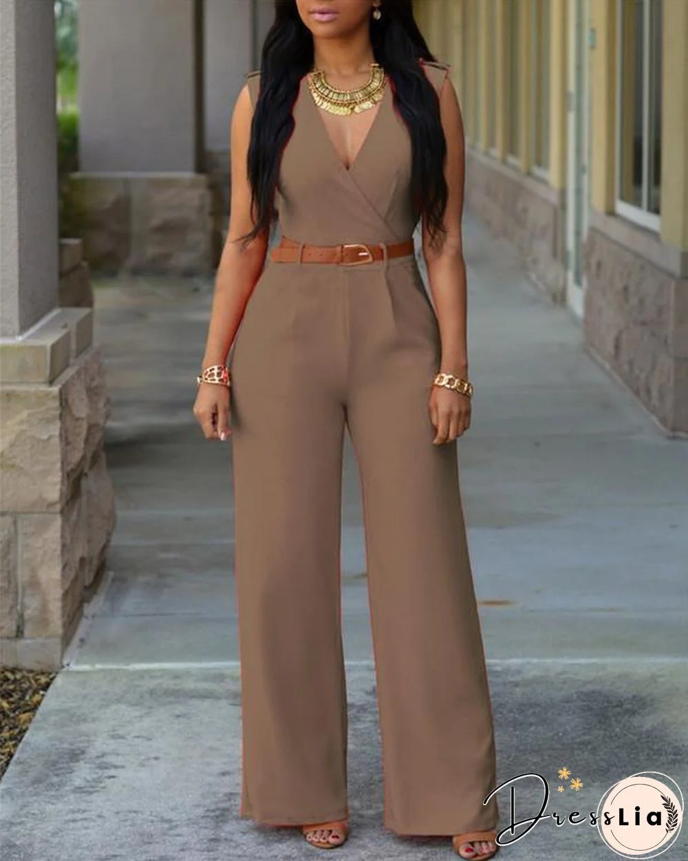 V Neck Solid Casual Short Sleeve Jumpsuits