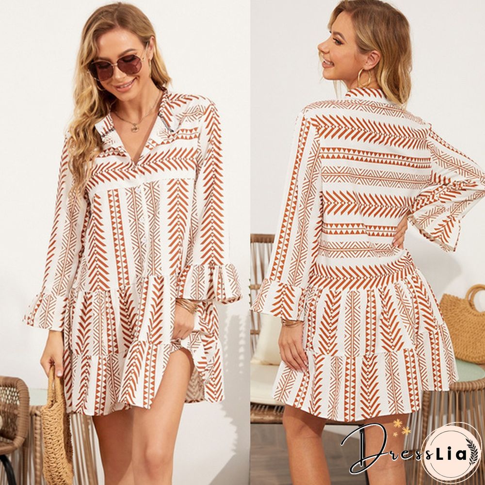 Spring Autumn New Women's Fashion Turn-down Collar Shirt Dress Floral Printed Patchwork Dress Plus Size Women Clothing Loose Mini Dress