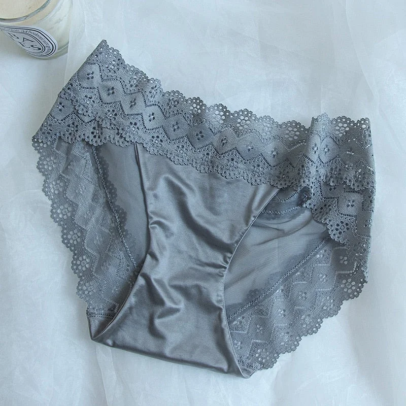 DERUILADY Satin Lace See Through Panties Women Intimates Sexy Hollow Out Underwear Cotton Bottom Seamless Lingerie G String