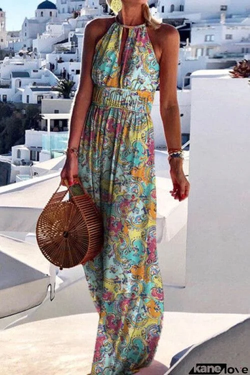 Printed Halter Vacation Casual Loose Maxi Dress