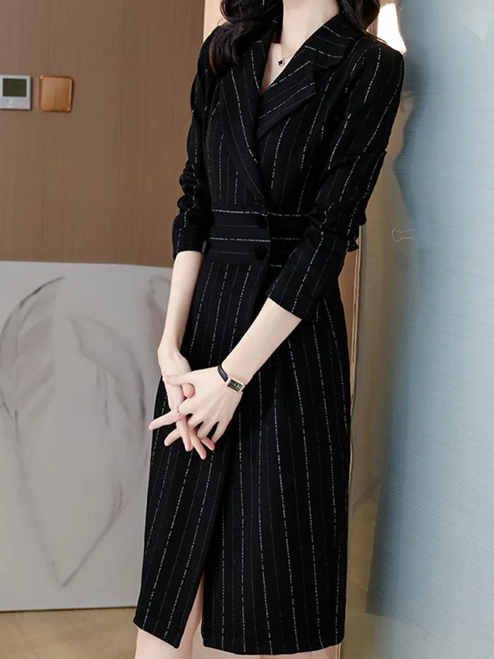 Double-breasted Long-sleeved Knitted Striped Dress