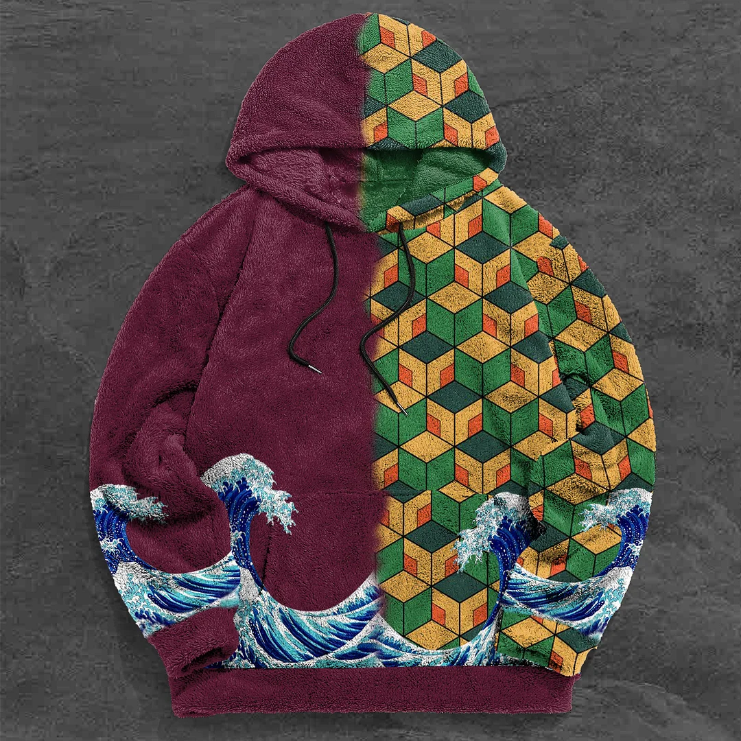 Retro color block trendy brand print plush hoodies