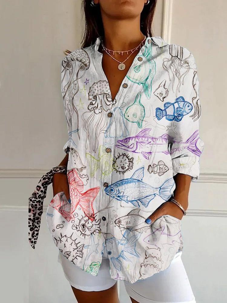 Vintage Watercolor Marine Animals Print Long Sleeve Shirt