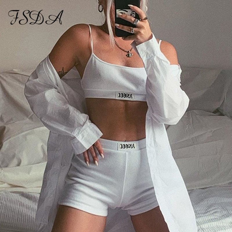 Summer Ribber Women Set White Spaghetti Strap Crop Top And Mini Biker Shorts Embroidery Two Piece Sets Sexy Outfit Party