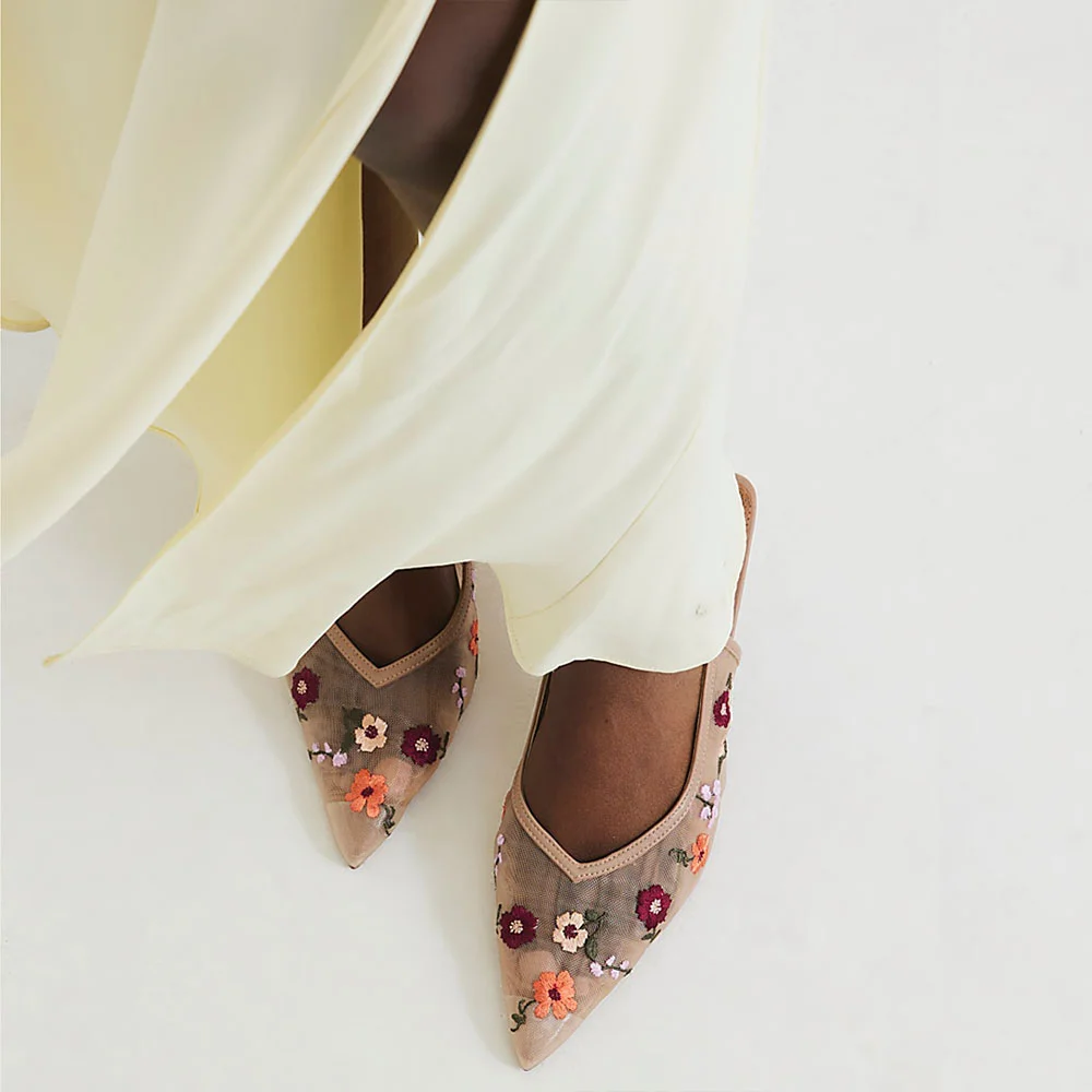 Chic Nude Mesh Pointed Toe Flower Embroidered Slingback Pumps
