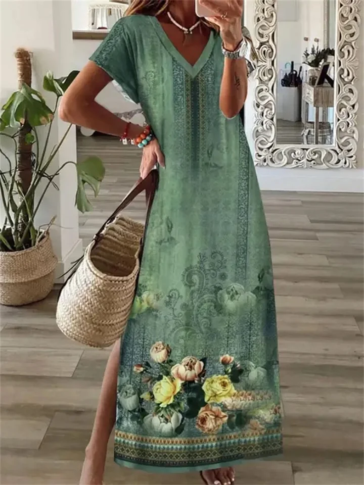 Summer Women's New V-neck Comfortable Commuter Loose Floral Print Vacation Short-sleeved Casual Wind Long Dress Dress